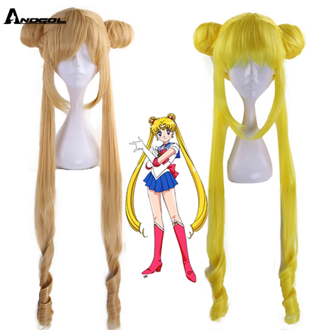 Anogol nuevo Sailor Moon Tsukino Usagi largo rizado Rubio doble cola de caballo peluca sintética Cosplay para fiesta de disfraces de niña ► Foto 1/5