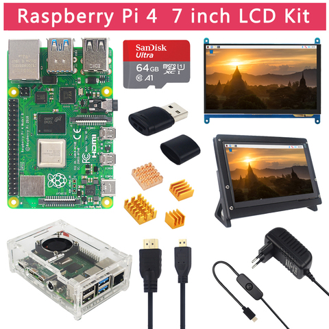 Raspberry Pi 4 Modelo B 2 4 8 GB RAM + pantalla táctil de 7 pulgadas + soporte + tarjeta SD de 64 32 GB + ventilador + alimentación + Cable HDMI para RPi 4 B ► Foto 1/6