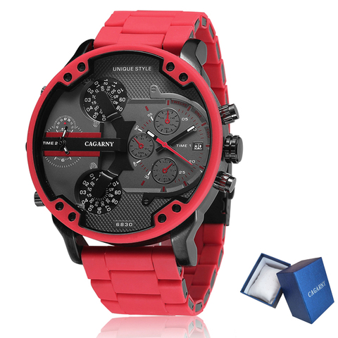 Cagarny 57mm 3D gran Dial reloj rojo hombres de lujo de silicona de acero banda de hombres reloj de pulsera reloj de cuarzo Casual militar Relogio Masculino ► Foto 1/6