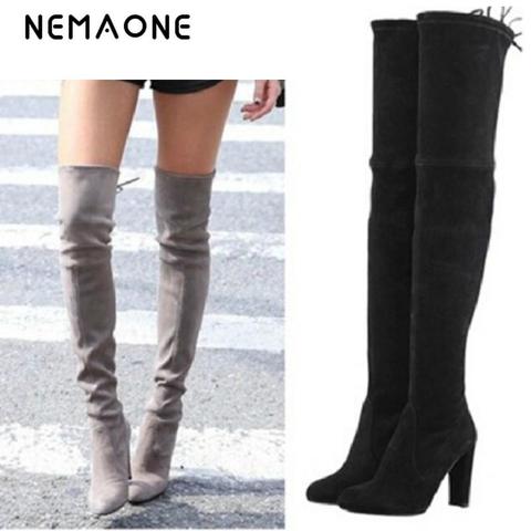 NEMAONE Mujeres Stretch Faux Suede Botas de Caña Alta Moda Sexy botas sobre la Rodilla Botas de Tacones Altos Zapatos de Mujer Negro Gris Winered ► Foto 1/6