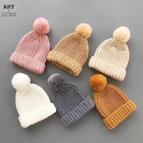 Sombreros para niño o niña de punto para bebé, Gorro con pompón de punto de ganchillo, gorrito de Color caramelo para niño pequeño, gorros de Bola de Pelo para niño ► Foto 1/6