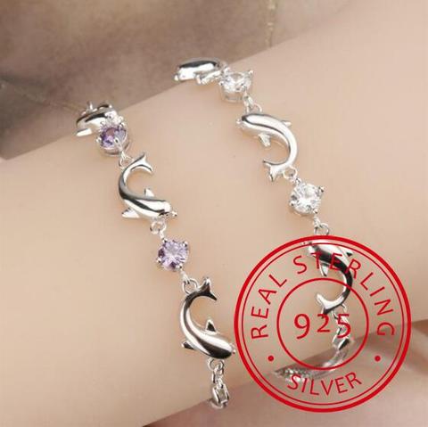 Pulseras de cadena de plata de ley 925 a la moda para mujer, pulsera de delfín bonito para fiesta, brazalete de cristal de lujo CZ, regalos de joyería ► Foto 1/6