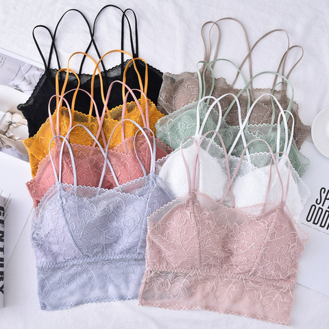 CHRLEISURE-Bralette de encaje para mujer, sujetador de malla con hojas, ropa interior para mujer, lencería acolchada de realce, Tops cortos, 2022 ► Foto 1/6