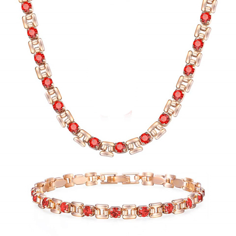 Conjunto de collar de pulsera de oro rosa para mujer y niña, azul, rojo, blanco claro, Circonia cúbica, CZ, cadena con eslabones cuadrados, regalo de joyería de lujo GB433 ► Foto 1/6