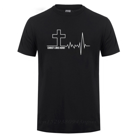 Camiseta inspiradora de Christ Lives Here Cross Heartbeat, camiseta cristiana fe en Jesús para hombre, camiseta de manga corta de algodón para hombre ► Foto 1/6