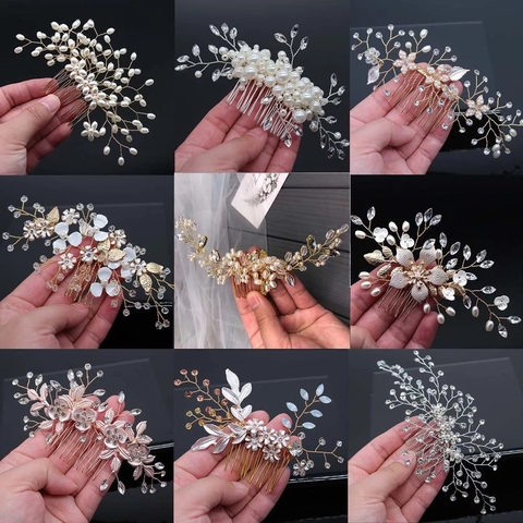 Pasador de cuentas de perlas de aleación hecho a mano para mujer, peines de pelo con diamantes de imitación de cristal, Tiara, broche de pelo de joyería, accesorios para el cabello de boda SL ► Foto 1/6