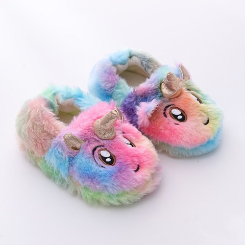 Zapatillas de unicornio de invierno para niños pequeños, chanclas de niña, zapatos de interior de algodón, pantuflas cálidas y esponjosas ► Foto 1/6