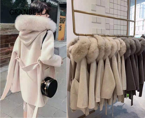 Abrigo de Cachemira real con capucha para mujer, chaqueta de lana con cuello de piel de zorro real para Año Nuevo 2022 ► Foto 1/5