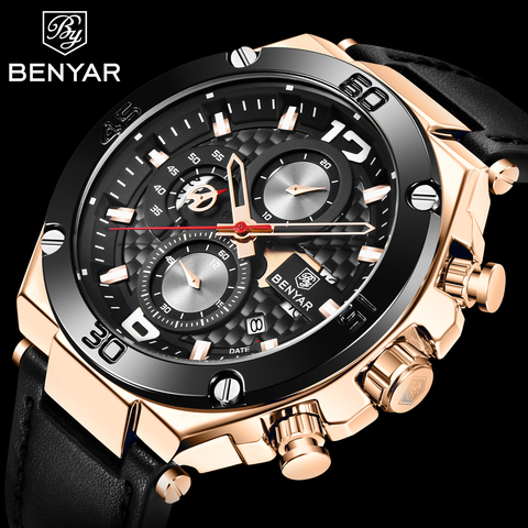 BENYAR-reloj deportivo de lujo para hombres, cronógrafo de cuarzo, de cuero, resistente al agua, Masculino ► Foto 1/6