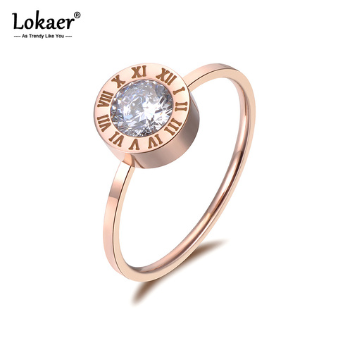 Lokaer de joyas de acero inoxidable redondos de circón AAA números romanos modelos básicos Anillos Mujer Rosa Anillos de Color dorado R18139 ► Foto 1/6