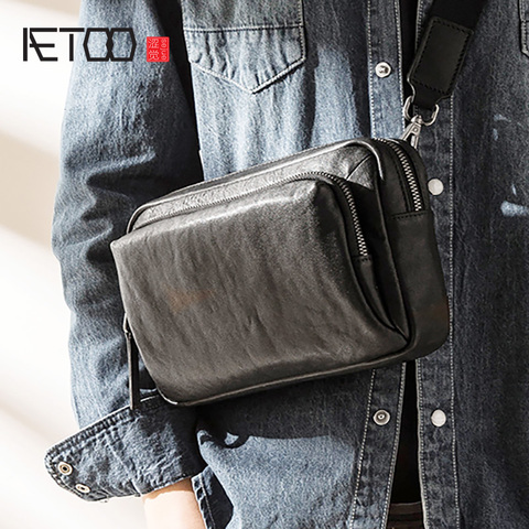 AETOO-Bolso inclinado de cuero para hombre, bolsa de mano multifuncional con cabeza de piel, de gran capacidad, informal, pequeño ► Foto 1/6