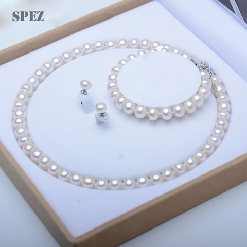 Conjuntos de joyas de perlas perla de agua dulce natural auténtica conjunto de Plata de Ley 925 collar de perlas pendientes pulsera para mujer regalo SPEZ ► Foto 1/6