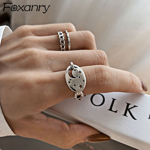 Foxanry-anillos de estrellas y luna de plata de ley 925, joyería fina, cadena sencilla de doble capa, accesorios geométricos para fiesta, regalos ► Foto 1/6