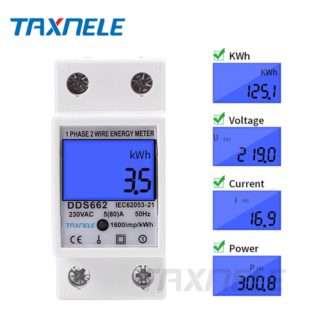 Monofásico Dos hilos LCD Pantalla digital Wattímetro Consumo de energía Energía Medidor eléctrico kWh CA 230V 50Hz Carril DIN eléctrico ► Foto 1/6