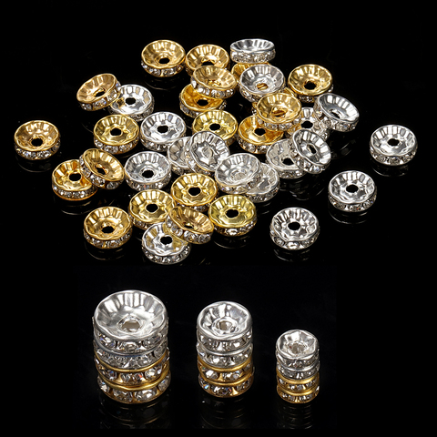 100 Uds 4/6/8 / 10mm oro plata diamantes de imitación Rondelles cuentas de cristal cuentas espaciadoras redondas sueltas para hacer joyas accesorios de bricolaje ► Foto 1/6