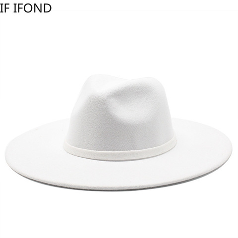 9,5 CM mujeres hombres grandes de ala ancha sombrero Fedora de lana sombrero de estilo británico de invierno caballero elegante dama Jazz sombreros para Misa ► Foto 1/6