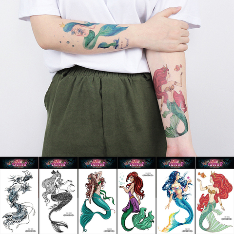 Manga de tatuaje temporal de sirena para brazo, muñeca de princesa de dibujos animados para niños y niñas, pegamento brillante, tatuaje de pescado, Océano, acuarela ► Foto 1/6