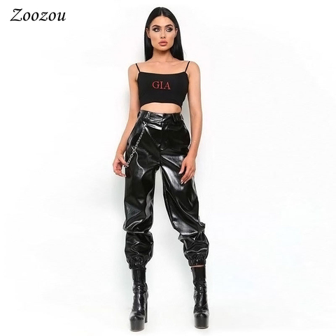Pantalones Cargo de cintura alta para mujer, Pantalón elástico de piel sintética, corbata suelta, informal, color negro ► Foto 1/1