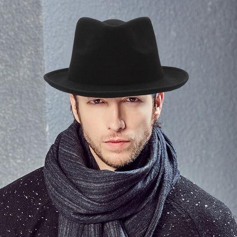 Sombrero de lana para hombre, Fedora de Jazz rizada, moda europea americana, negra, para fiesta, otoño e invierno, H7221 ► Foto 1/6