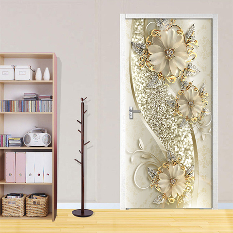 3D puerta etiqueta engomada de oro en relieve de la pared de flores papel pintado de Mural artístico cartel Puerta de PVC Auto adhesivo extraíble casa Etiqueta de puerta ► Foto 1/5