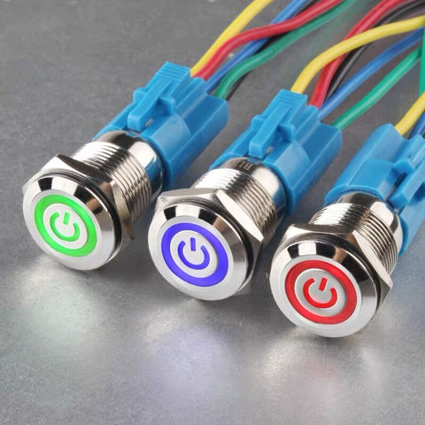 Botón para encendido de metal, pulsador circular resistente al agua de 16mm con luces LED en variedad de colores, bloqueo y reinicio automático, 1NO1NC, 6V 12V, 16mm ► Foto 1/6