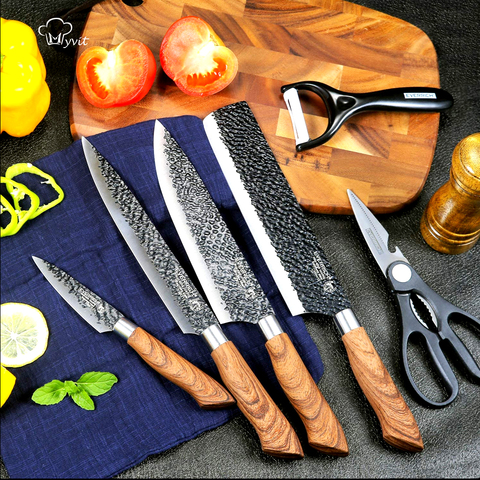Cuchillo de Chef de Juego de cuchillos de cocina, cuchillo de pelar forjado con tijeras + pelador de cerámica, Nakiri, funda de regalo, 6 uds. ► Foto 1/6