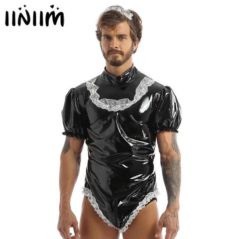 Hombres Adultos Sissy dama vestidos Cosplay vestuario conjunto ropa para discoteca con efecto mojado látex cuero Puff Sleeve leotardo Body con diadema de encaje ► Foto 1/6