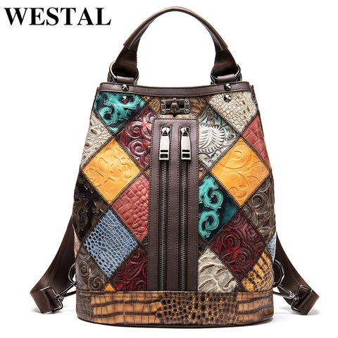 WESTAL-mochila de piel auténtica para mujer, bolso de mano para chicas, mochilas de viaje de retales para la escuela, ordenador portátil, 7420 ► Foto 1/6