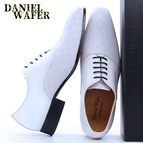 Zapatos italianos de cuero Oxford para hombre, calzado Formal de lujo con punta puntiaguda y estampado a cuadros en blanco y negro para vestido de novia y oficina ► Foto 1/6