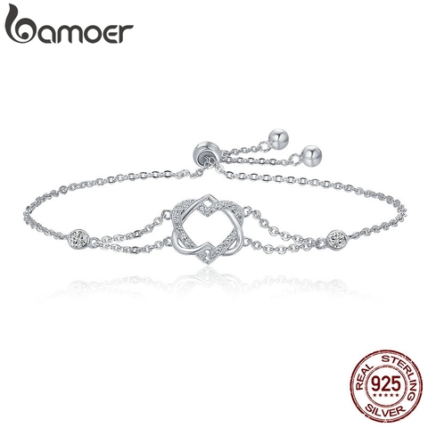 BAMOER genuino 925 plata esterlina retorcida doble corazón en el corazón pulseras de cadena para las mujeres auténtico regalo de joyería de plata SCB022 ► Foto 1/6