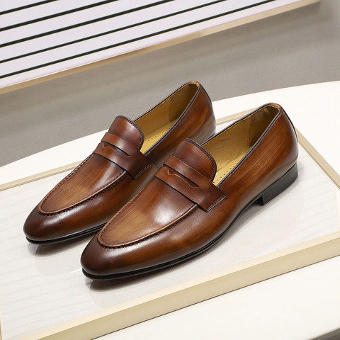 Mocasines de piel auténtica para hombre, zapatos masculinos de negocios informales para boda, sin cordones, pintados a mano, para primavera y otoño, talla 6-13 ► Foto 1/6