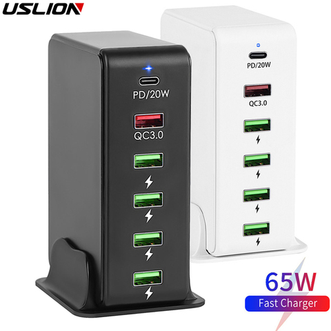 USLION-cargador rápido USB PD de 6 puertos, estación de carga Universal para teléfono de escritorio, para Xiaomi, samsung S9, QC 3,0, EU, US, UK, AU ► Foto 1/6