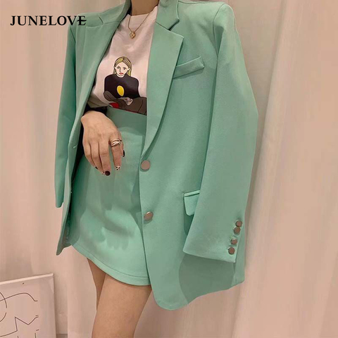 JuneLove-traje de moda coreana para mujer, conjunto de blazer y faldas de oficina, falda de cintura alta de dos piezas, prendas de vestir con una botonadura ► Foto 1/6