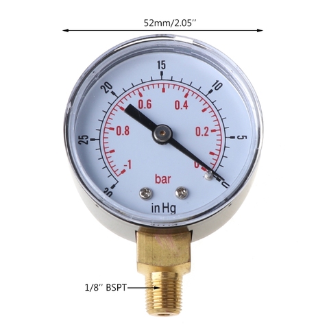 Medidor de presión al vacío, Monitor de conexión inferior, 52mm -1/0 Bar -30 pulgadas Hg 1/8 BSPT ► Foto 1/6