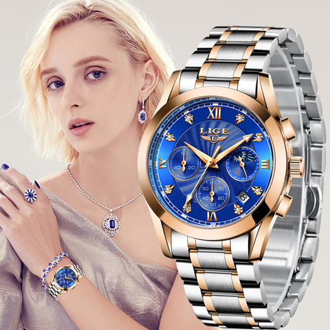 LIGE-Reloj de acero inoxidable para mujeres, nuevo accesorio de oro, creativo, impermeable, femenino, 2022 ► Foto 1/6