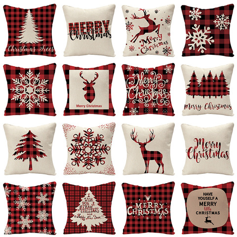 Cojines navideños a cuadros escoceses de lino rojo, funda con estampado de renos, árboles y copos de nieve, cojines decorativos de Navidad para sofá y cama ► Foto 1/6