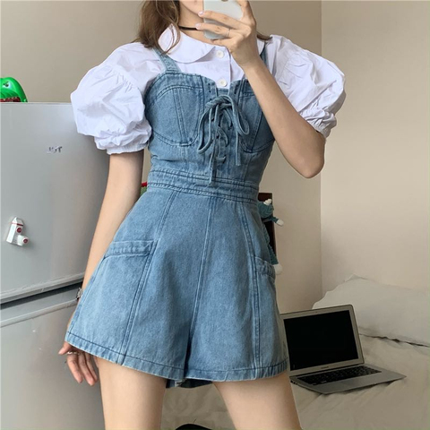 Coreano y japonés monos mujeres nuevo mono enterito de Jean primavera verano Mujer mono Casual Jeans Vestidos cortos ► Foto 1/6