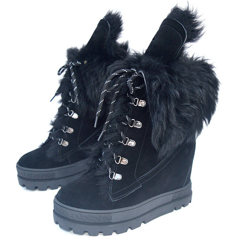 Zapatos informales con cordones para mujer, calzado de suela gruesa con tacón alto, piel de ante, negro cálido, invierno ► Foto 1/6