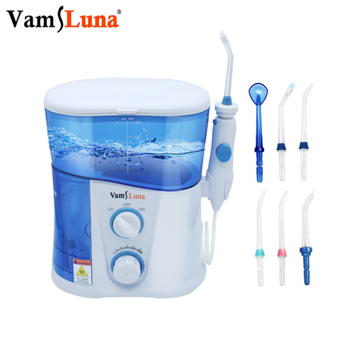 VamsLuna-Irrigador dental con juego de boquillas, tanque eléctrico de 1000ML con dispositivo de agua a presión con kit de 7 boquillas intercambiables para limpieza oral con desinfección UV, incluye manual de España ► Foto 1/6