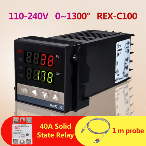 Controlador de temperatura de voltaje de 110-240V, de 0a 1300 grados REX-C100, controlador inteligente + 1 metro de sonda + relé de estado sólido de 40A ► Foto 1/6