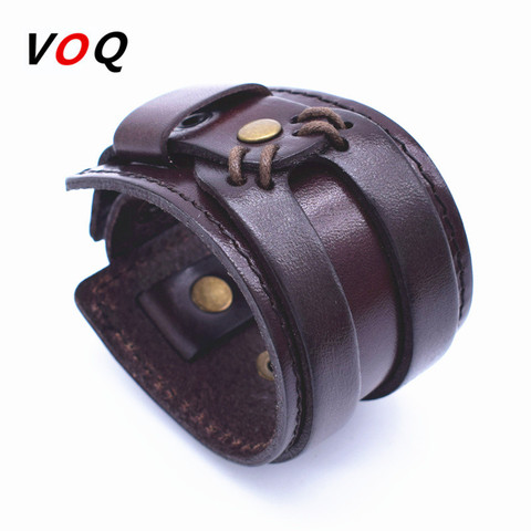 VOQ Leather Cuff Double Wide Bracelet and Rope Bangles Brown for Men Fashion Men Bracelet Unisex Jewelry ► Foto 1/4