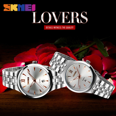 SKMEI hombres mujeres de acero inoxidable de cuarzo relojes Top marca moda calendario reloj impermeable Relogio Masculino ► Foto 1/6