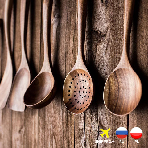 Vajilla de madera teca tailandesa natural, cuchara, cucharón, colador de arroz largo, colador de sopa, cucharas de cocina, juego de herramientas ► Foto 1/6