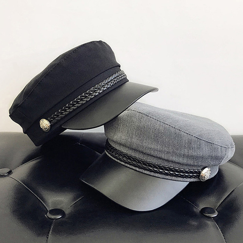 Sombrero militar de cuero sintético Unisex, moda de otoño, sombreros para hombres y mujeres, gorra plana negra y gris, gorro Cadete de viaje para mujer, gorra de capitán ► Foto 1/6