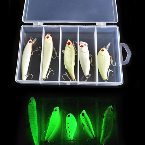 Juego de 5 unidades de señuelos de pesca nocturna, cebo brillante en la oscuridad, señuelo VIB Popper Crank Minnow Pencil, cebo Artificial luminoso con caja de señuelos ► Foto 1/5