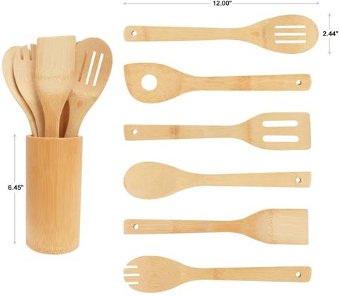 Juego de utensilios de cocina de bambú, herramientas de Cocina de madera, espátula, cuchara antiadherente, utensilios de cocina para mezclar con bifurcado y cucharas con ranura, 6 piezas ► Foto 1/6