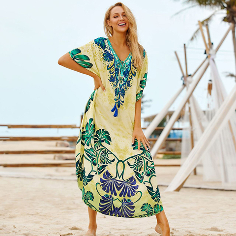 Vestido largo playero de algodón para mujer, Túnica tipo caftán para playa y piscina ► Foto 1/6