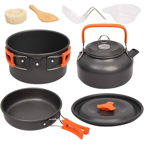 Kit de utensilios de cocina para acampar, juego de cocina de aluminio para exteriores, hervidor de agua, olla para viajar, senderismo, Picnic, vajilla para barbacoa, equipo ► Foto 1/6