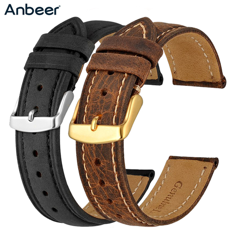 Anbeer-Correa de reloj de cuero genuino para hombre y mujer, correa de reloj Retro de 14mm -24mm, pulsera de repuesto Vintage, hebilla pulida ► Foto 1/6