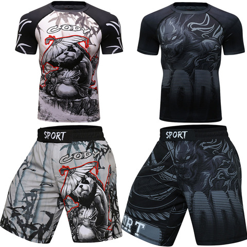 Camisetas + Pantalones cortos Muay Thai para hombres, ropa de guarda, chándal de boxeo, camiseta de compresión, Kickboxing, MMA BJJ GI Rashguard ► Foto 1/6